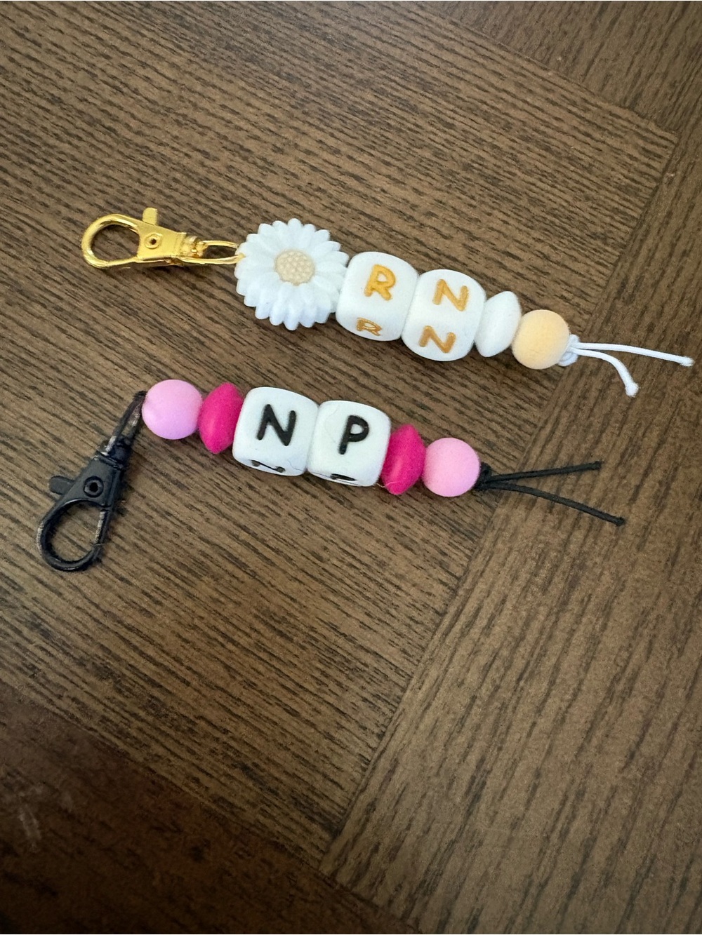 Personalized Pink & White Beaded Kids Keychain - Custom Letter Charm nurse